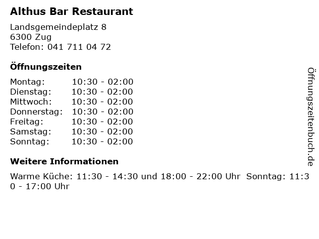 Althus Bar Restaurant in Zug: Adresse und Öffnungszeiten