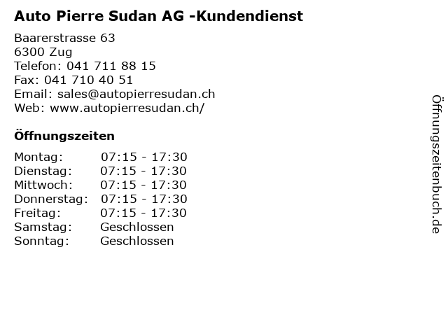 Auto Pierre Sudan AG -Kundendienst in Zug: Adresse und Öffnungszeiten