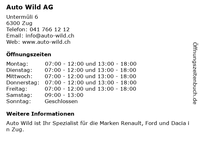 Auto Wild AG in Zug: Adresse und Öffnungszeiten