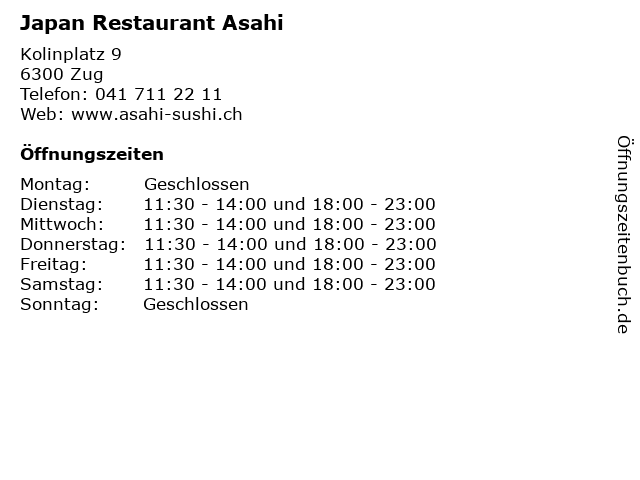 Japan Restaurant Asahi in Zug: Adresse und Öffnungszeiten