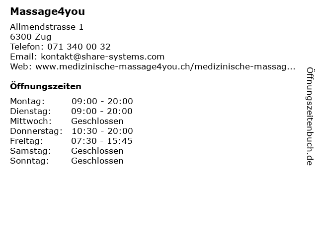 Massage4you in Zug: Adresse und Öffnungszeiten