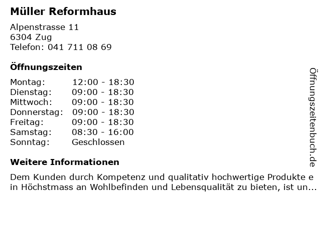 Müller Reformhaus in Zug: Adresse und Öffnungszeiten