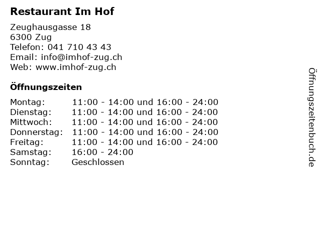 Restaurant Im Hof in Zug: Adresse und Öffnungszeiten