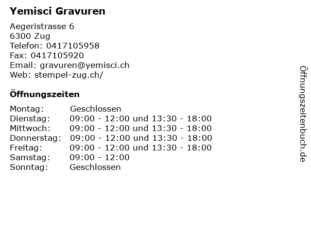 Yemisci Gravuren in Zug: Adresse und Öffnungszeiten
