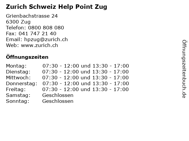 Zurich Schweiz Help Point Zug in Zug: Adresse und Öffnungszeiten