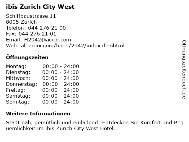ibis Zurich City West in Zurich: Adresse und Öffnungszeiten