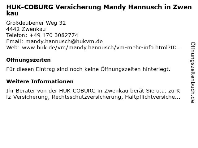 HUK-COBURG Versicherung Mandy Hannusch in Zwenkau in Zwenkau: Adresse und Öffnungszeiten