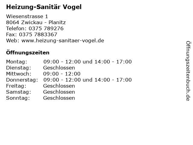 Heizung-Sanitär Vogel in Zwickau - Planitz: Adresse und Öffnungszeiten