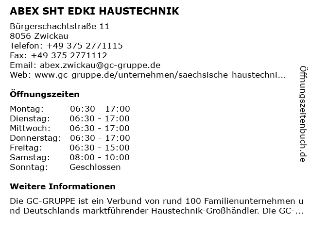 ABEX SHT EDKI HAUSTECHNIK in Zwickau: Adresse und Öffnungszeiten