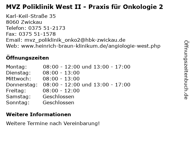 MVZ Poliklinik West II - Praxis für Onkologie 2 in Zwickau: Adresse und Öffnungszeiten