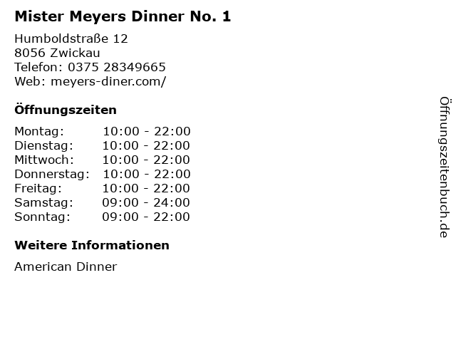 Mister Meyers Dinner No. 1 in Zwickau: Adresse und Öffnungszeiten