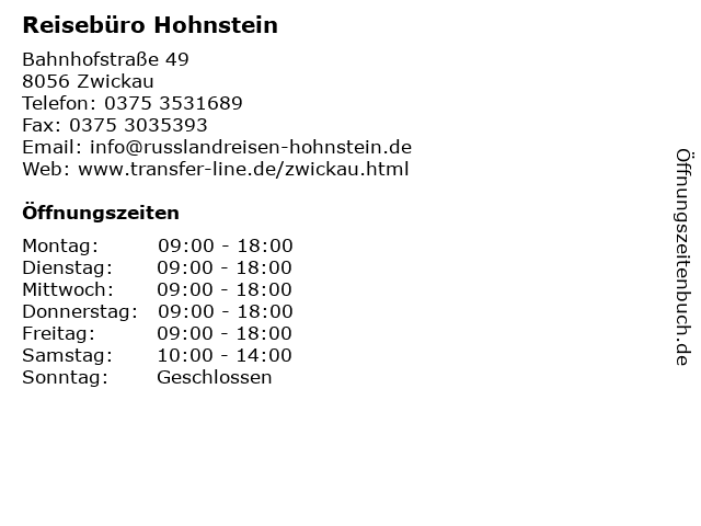 Reisebüro Hohnstein in Zwickau: Adresse und Öffnungszeiten