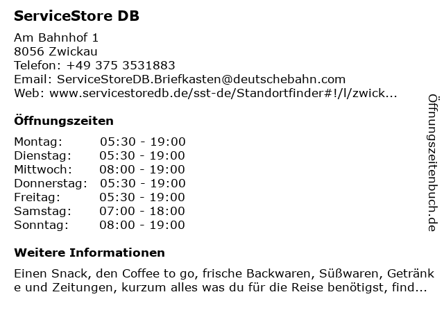 ServiceStore DB - Bahnhof Zwickau (Sachs) Hbf in Zwickau: Adresse und Öffnungszeiten