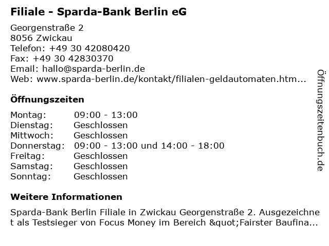 Sparda-Bank Berlin eG in Zwickau: Adresse und Öffnungszeiten
