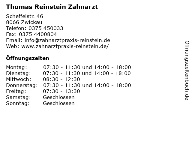 Thomas Reinstein Zahnarzt in Zwickau: Adresse und Öffnungszeiten
