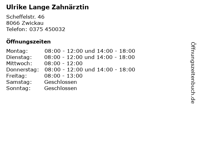 Ulrike Lange Zahnärztin in Zwickau: Adresse und Öffnungszeiten