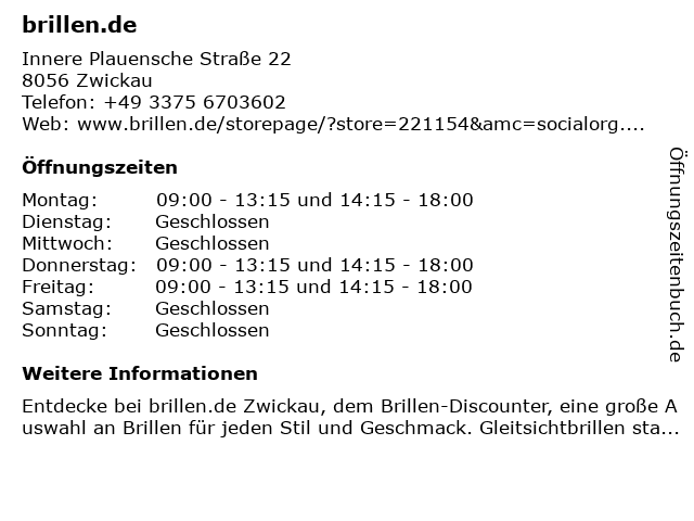 brillen.de (Zwickau, Innere Plauensche Str. 22) in Zwickau: Adresse und Öffnungszeiten