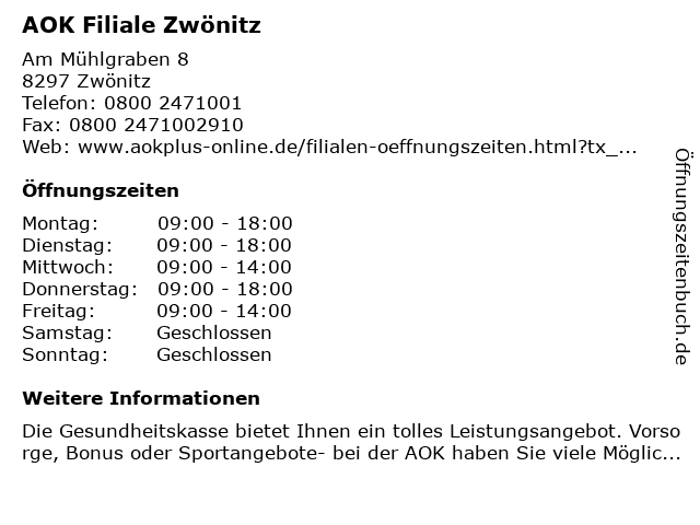 AOK Filiale Zwönitz in Zwönitz: Adresse und Öffnungszeiten