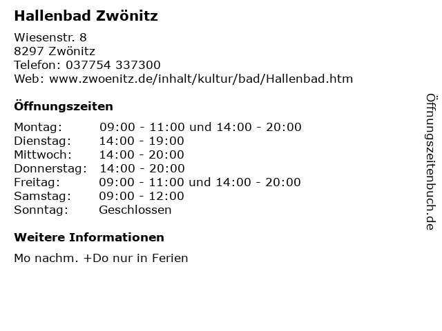 Hallenbad Zwönitz in Zwönitz: Adresse und Öffnungszeiten